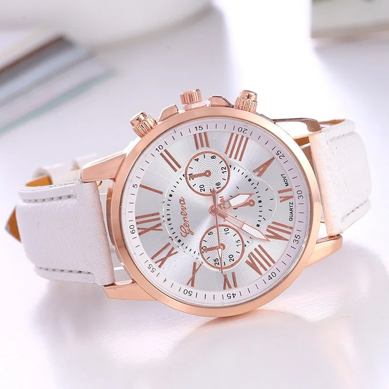 Elegant Rose Gold Fashion Watch for Women - Genuine Leather  Strap  Quartz  Analog  Wristwatch  with  Crystal  Markers