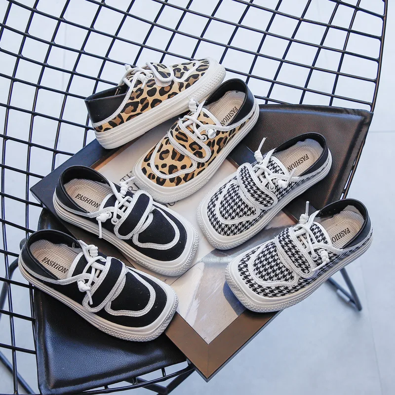 

Children's Square Toe Sneakers Spring Autumn Girls' Fashion Leopard Canvas Shoes Breathable Boys' Soft-soled Shoes Flats