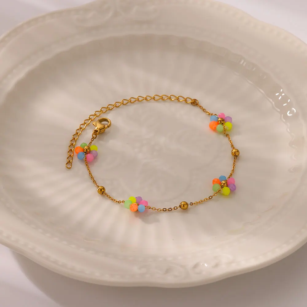 Stainless Steel Rice Bead Flower Bracelet for Women