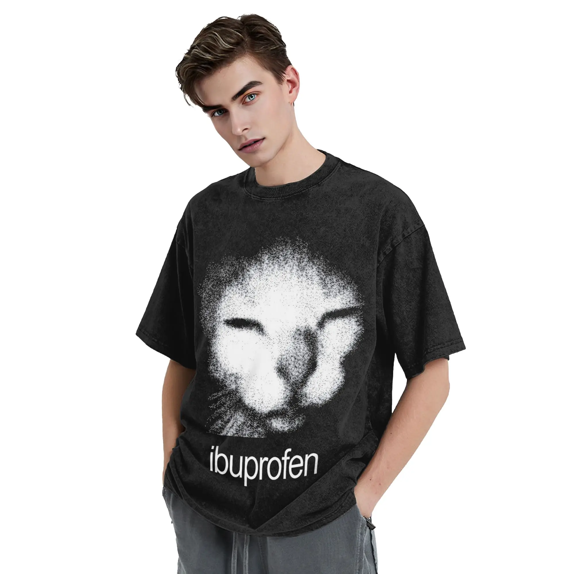 Gewaschene T-Shirts Katze Meme Ibuprofen Hip Hop Vintage T-Shirt High Street Streetwear Baumwolle bedruckte Tops T-Shirts für Männer Frauen – Detail 4
