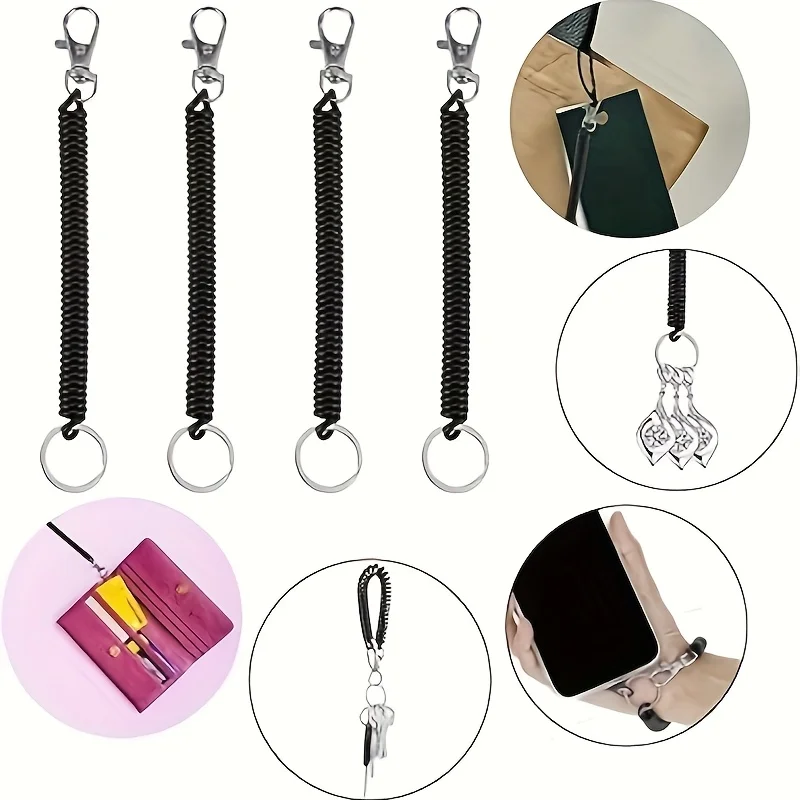 4-Piece Retractable Coil Keychain Set with Lobster Clasp