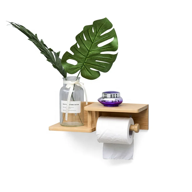 Bathroom Wall Mounted Easy Installation Wood Tissue Rolls Holder Bamboo Toilet Paper Holder with Shelf