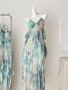 2025 Elegant Halter Neck Ruffled Maxi Dress Women Blue Green Floral Print Bohemian Design Beach Vacation Casual Party Dress New 1