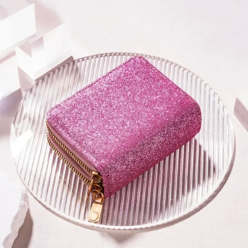 Portafogli in Pelle da Donna con Glitter e Paillettes, Nuova Borsa Portamonete alla Moda, Porta Carte di Credito Multifunzione in Tinta Unita - immagine 5