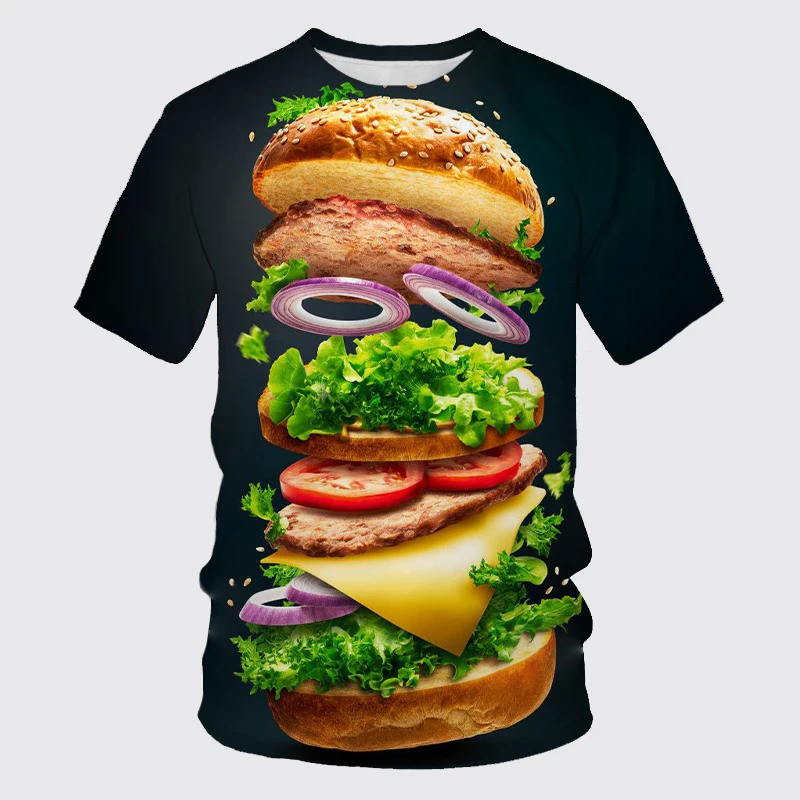 Funny Hamburger Pizza 3D Print T Shirt Men Casual Short Sleeve