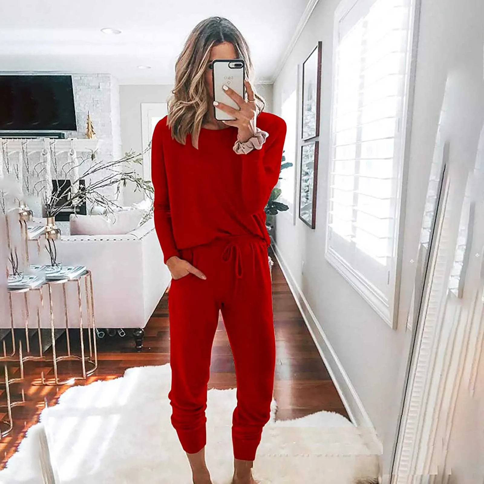

Autumn And Winter Women's Casual Solid Long Sleeve Round Neck Top Drawstring Elastic Waist Pockets Pants 2 Piece Outfit Sets