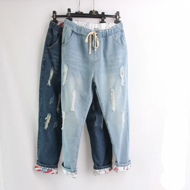  - Women Stitching Soft Denim Big Jeans L-4XL 5XL 6XL Loose Casual Hole Brand High Quality Pants Long For Women