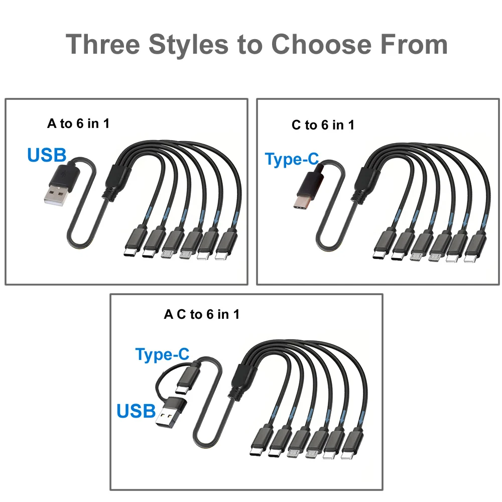 50cm 6-in-1 Universal Multi Charging Cable with USB A/C to 3-in-1 Connectors