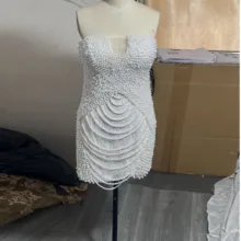 

White Sexy Cocktail Dresses Women Party Evening Dress Beading Sequin Sleeveless Nightclub Mini Skirt Robe De Soirée Femme