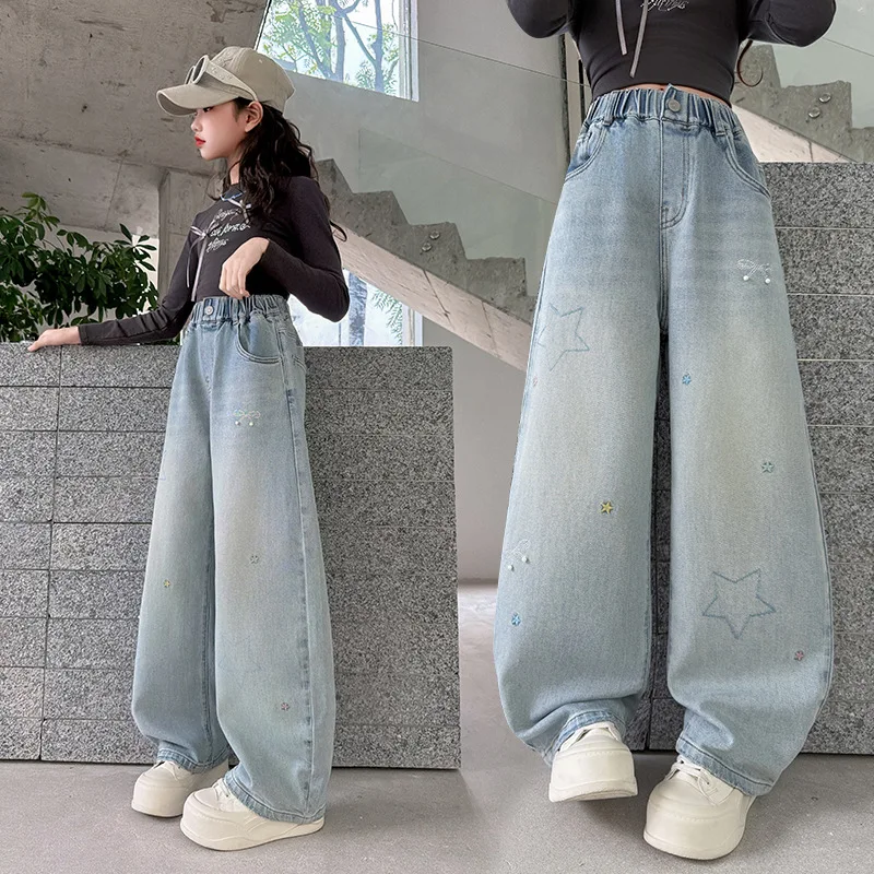 신상품 봄 가을 여아용 별무늬 루즈핏 스트레이트 진 트렌디 데님 팬츠 아동 패션 계절 바지