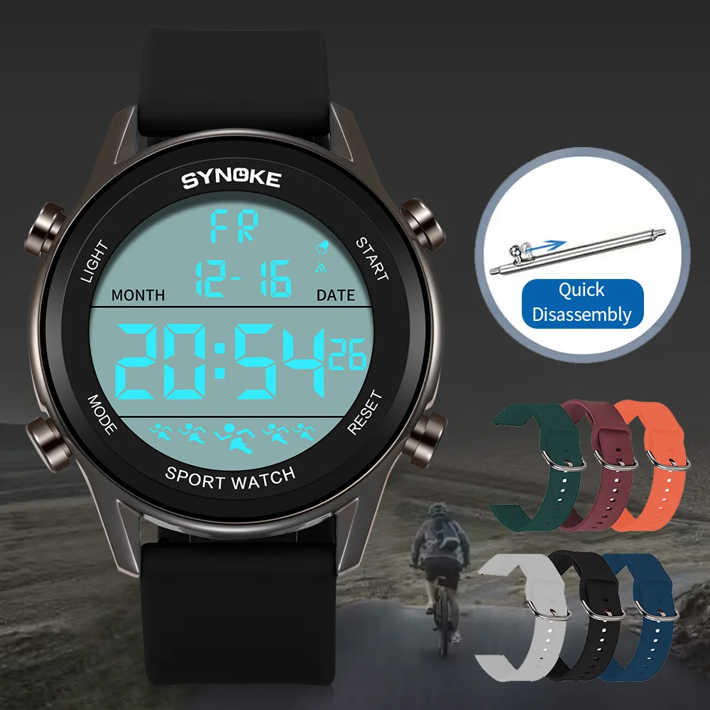SYNOKE Men Outdoor Sports Multifunctional Waterproof Large Screen Display Luminous LED Digital For Men Fashion Silicon Watch 6