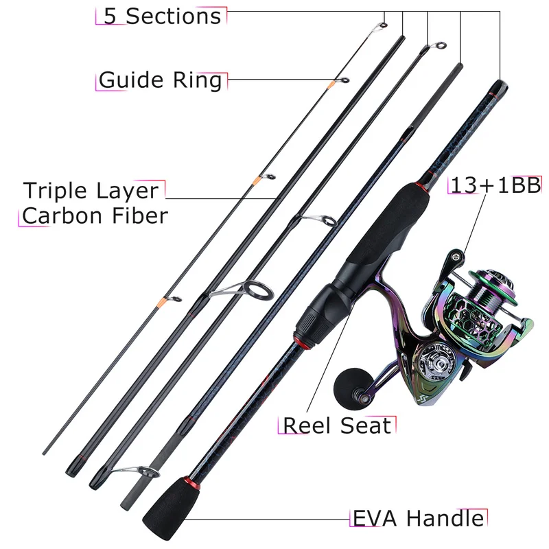 Fishing Full Kit 5 Sections 1.8-2.4m Lure Fishing Rod 13+1BB Colorful Spinning Reel Bag Lure Line Bag Sets fishing pole set fishing rod fishing rod and reel combo