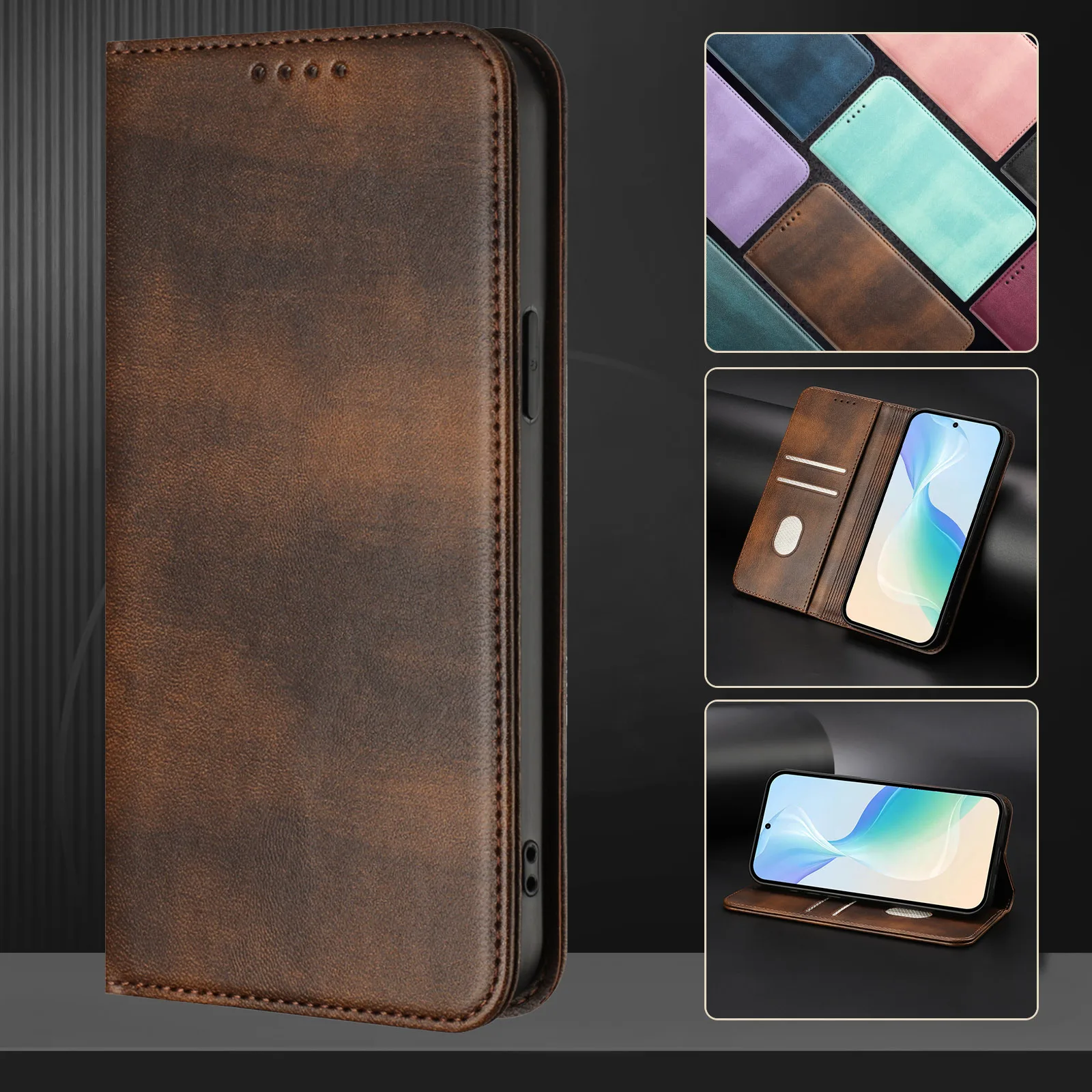 Modern Color Leather Book Case with Magnetic Holder and Card Slots - Anti-Scratch Wallet Cover