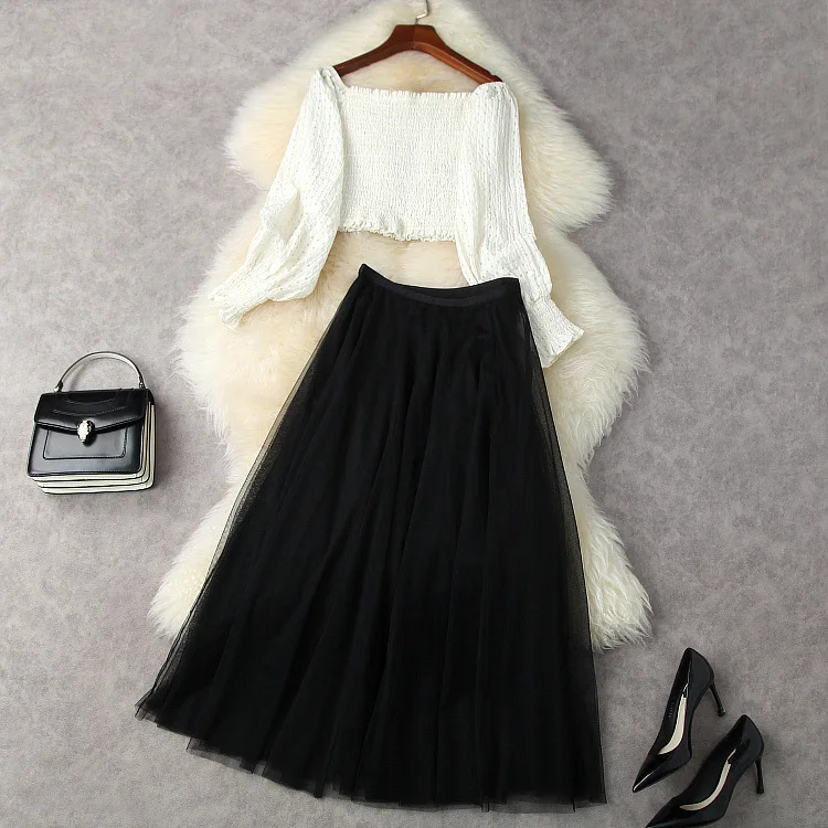 

European and American women's wear spring 2022 new Long sleeve lantern sleeve shirt single collar pleated skirt Fashion suits