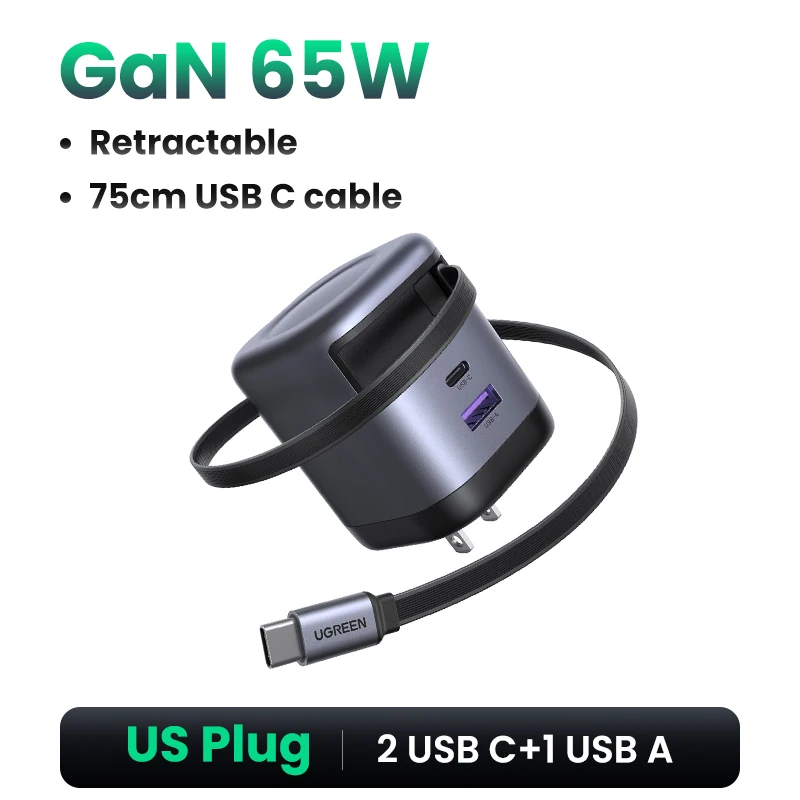UGREEN 65 واط GaN شاحن مع كابل USB C قابل للسحب آيفون 17 16 برو سامسونج شاومي محمول ماك بوك اللوحي PD شاحن سريع