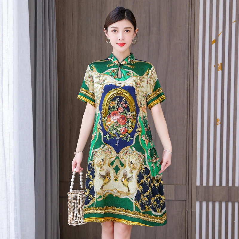 

2023 New Silk Printed Mulberry Silk Mini Dress Spring Fashion Short Sleeve Loose Fit Casual Holiday Dress Vestidos
