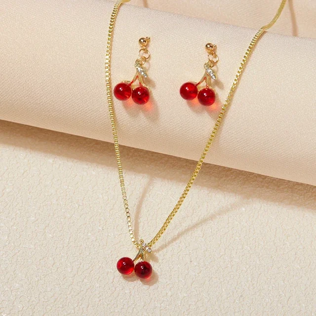 New Fashion Red Cherry Pendant Necklace Earrings, Women's Personalized Jewelry Set Holiday Party Accessories Gifts 2pcs/set