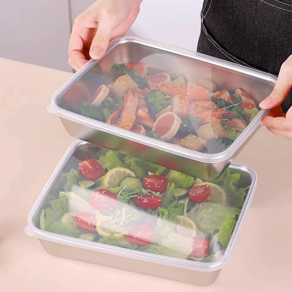 Food Storage Pan Thickened Square Plate Stainless Steel Rectangular Food Storage Pan With Lid Commercial Dish Tray Freshing Lunch Box Container