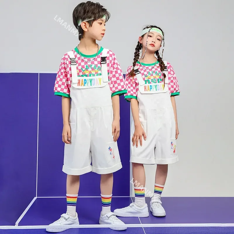 Kids Hip Hop Streetwear Plaid T Shirt White Overall Girls Jazz Dancing Costume Children Cheerleading Show Clothes 6 8 10 12 14Y