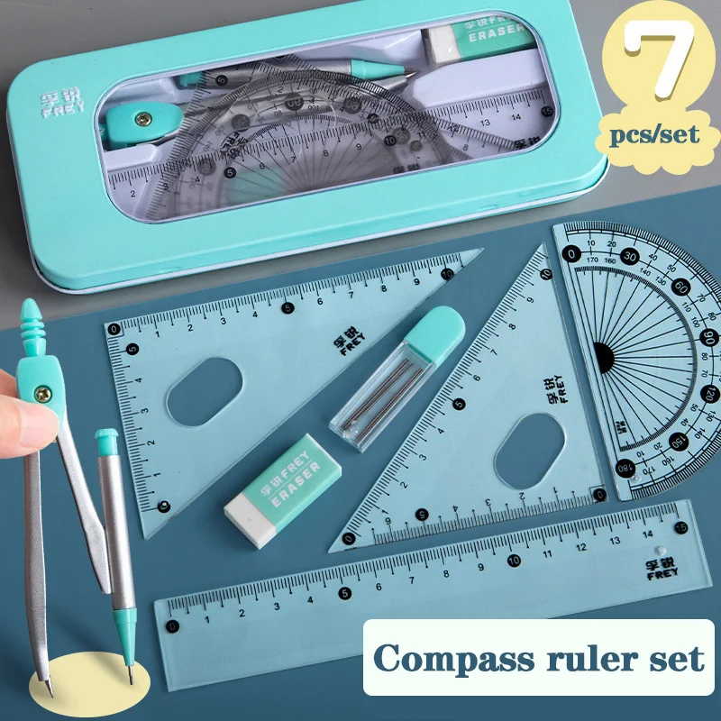 Drafting Set Mathematical Rulers Set Drawing Tool Set 7Pcs/lot Ruler Set Kawaii Geometric Drawing Eraser Kit Back To School Math Compass Set Office School Supplies Stationery