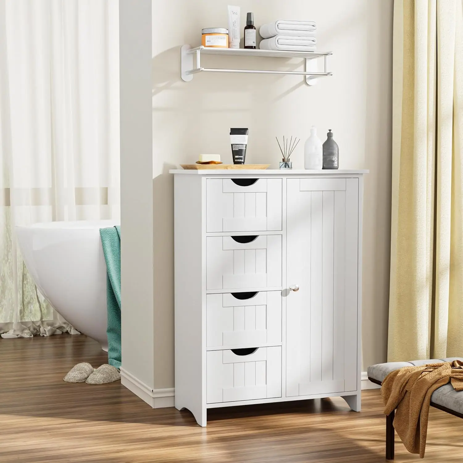 Bathroom Storage Cabinet, Floor Cabinet with 4 Drawers and 1 Adjustable Shelf, Storage Oragnizer for Living Room (White)