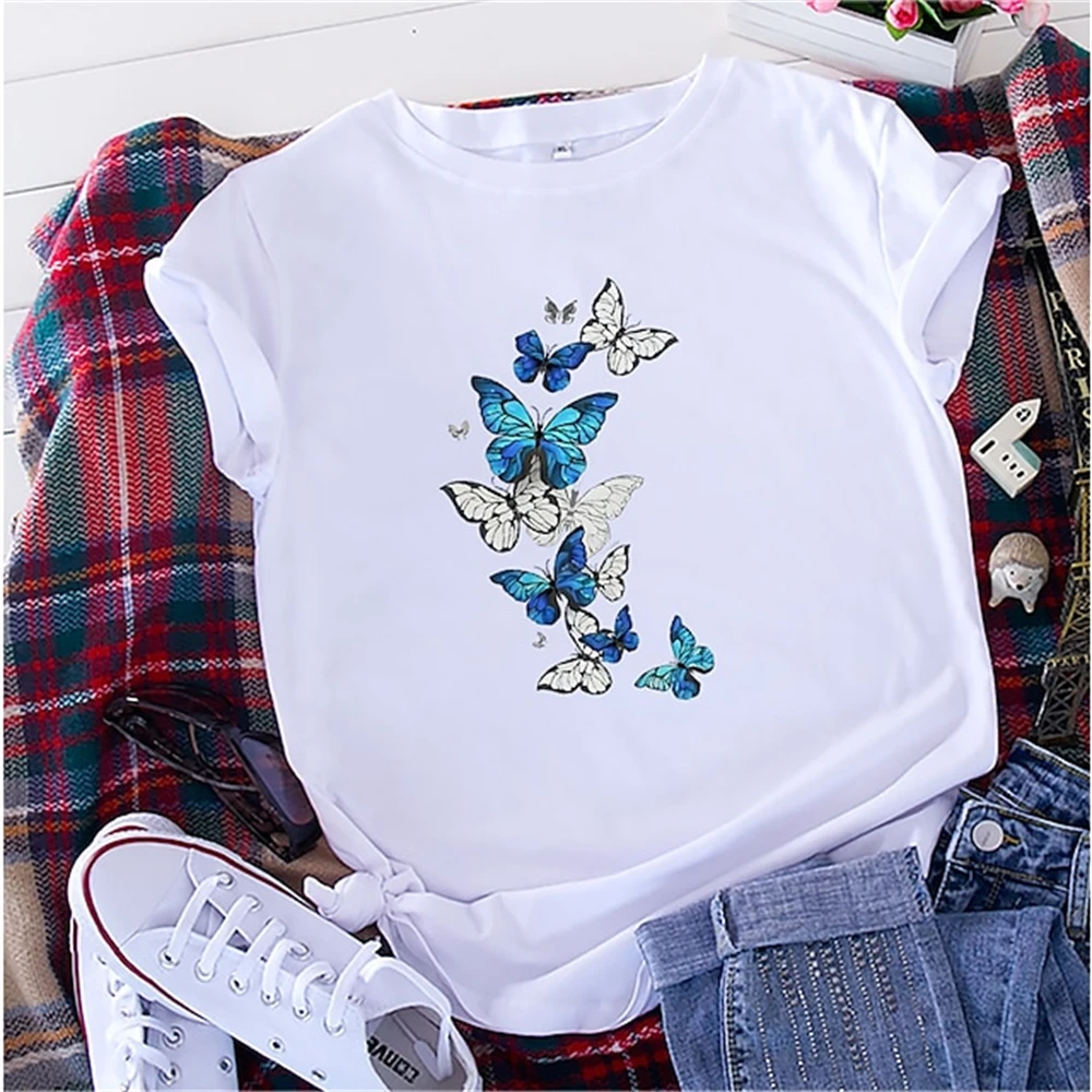 Buy Butterfly T-Shirt Womens Cute Heart Graphic Shirt Summer Crewneck Short- Sleeved Tee Top, Blue, X-Large at