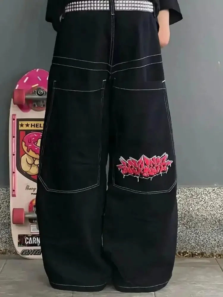 Vintage 2000s Cargo Black Pants Men Women Hip Hop Embroidered Y2k Baggy Jeans Streetwear Harajuku High Waist Wide Trouser 2