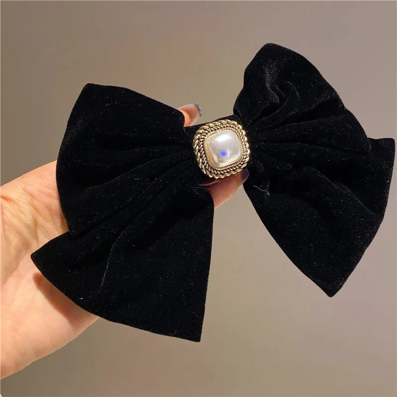 CHANEL Hair Clip Barrette Black Velour Ribbon Rhinestone Gold CC