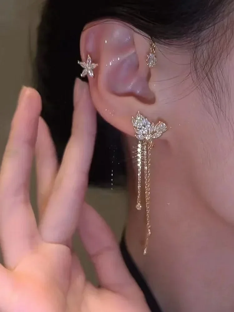 Se649a7deb28741399c73e9d0f0a94164F Shiny Zircon Butterfly Ear Cuff Gold Color Tassel Clip on Earrings for Women Korea Style Copper Earring Without Piercing Jewelry Mallzona