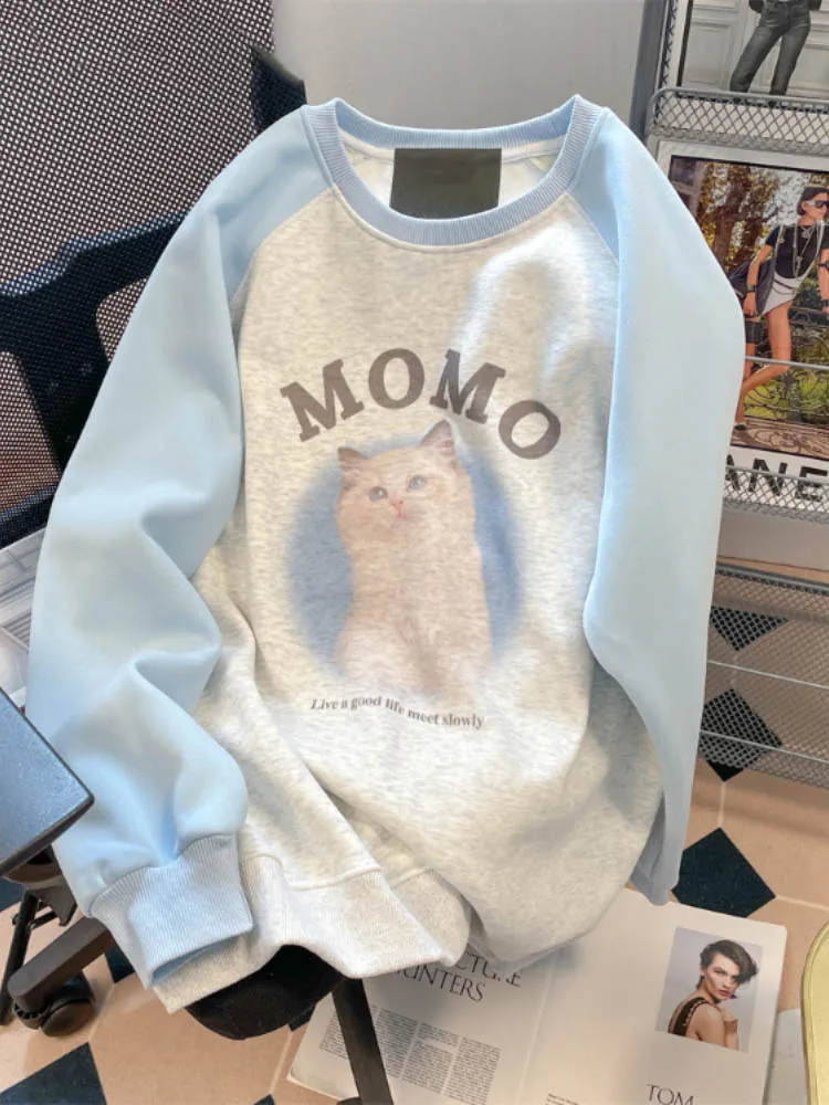 

Japanese Kawaii Cute Cat Print Pullovers Patchwork Contrast Color Y2k Casual Tops Autumn Loose Grunge Vintage Sweatshirts Women