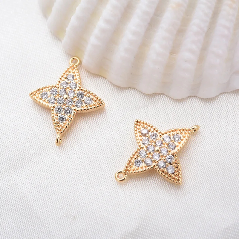 

(1875)4PCS 11x15MM 24K Gold Color Brass with Zircon Flower Connector Charms High Quality DIY Jewelry Making Findings Accessories