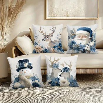 4pcs Christmas Pillow Covers – Santa Reindeer Snowman and Floral Design for Home Decor Room Office Living Room and Sofa