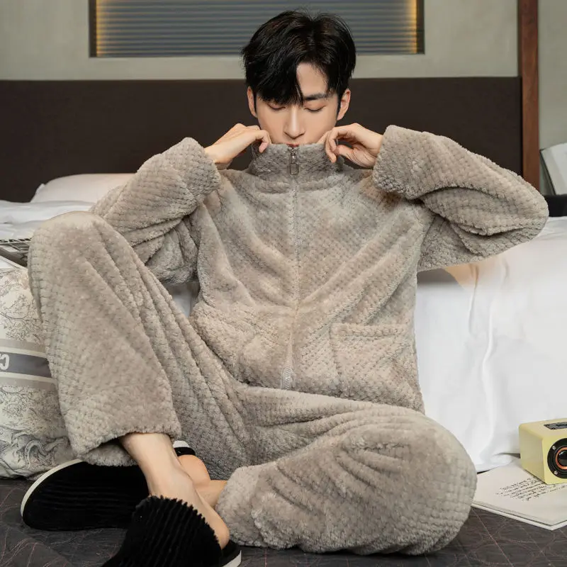 2024 New Men's Pajamas Outside Wear Coral Velvet Homewear Autumn Winter Zippers Sleepwear Handsome Flannel Home Clothing Set
