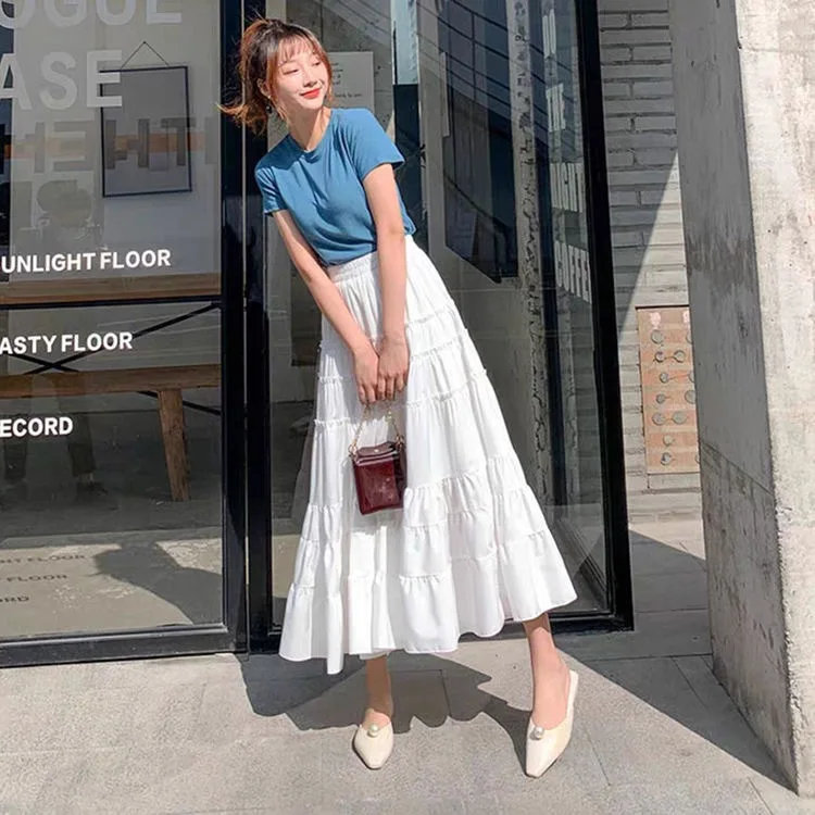 Summer Skirts Women Fashion Cute Frilly Stitching High Waist A Line Ruffle Long Midi Chiffon