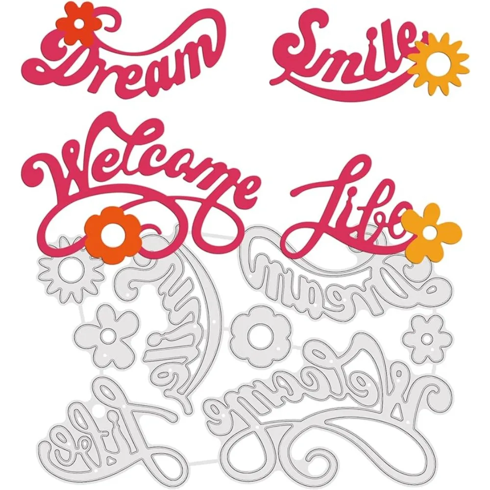 

4Pcs Welcome Dream Life and Smile Words Metal Cutting Dies Die Cuts for DIY Scrapbooking Holiday Greeting Cards Making Album