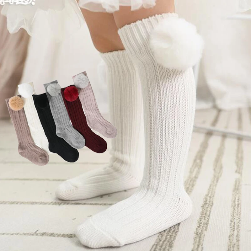 Xmas Winter Newborn Baby Girls Socks Big Pompom Kids Knee High Long Socks Soft Warm Cotton Knit Leg Warmer Children Calcetines 1