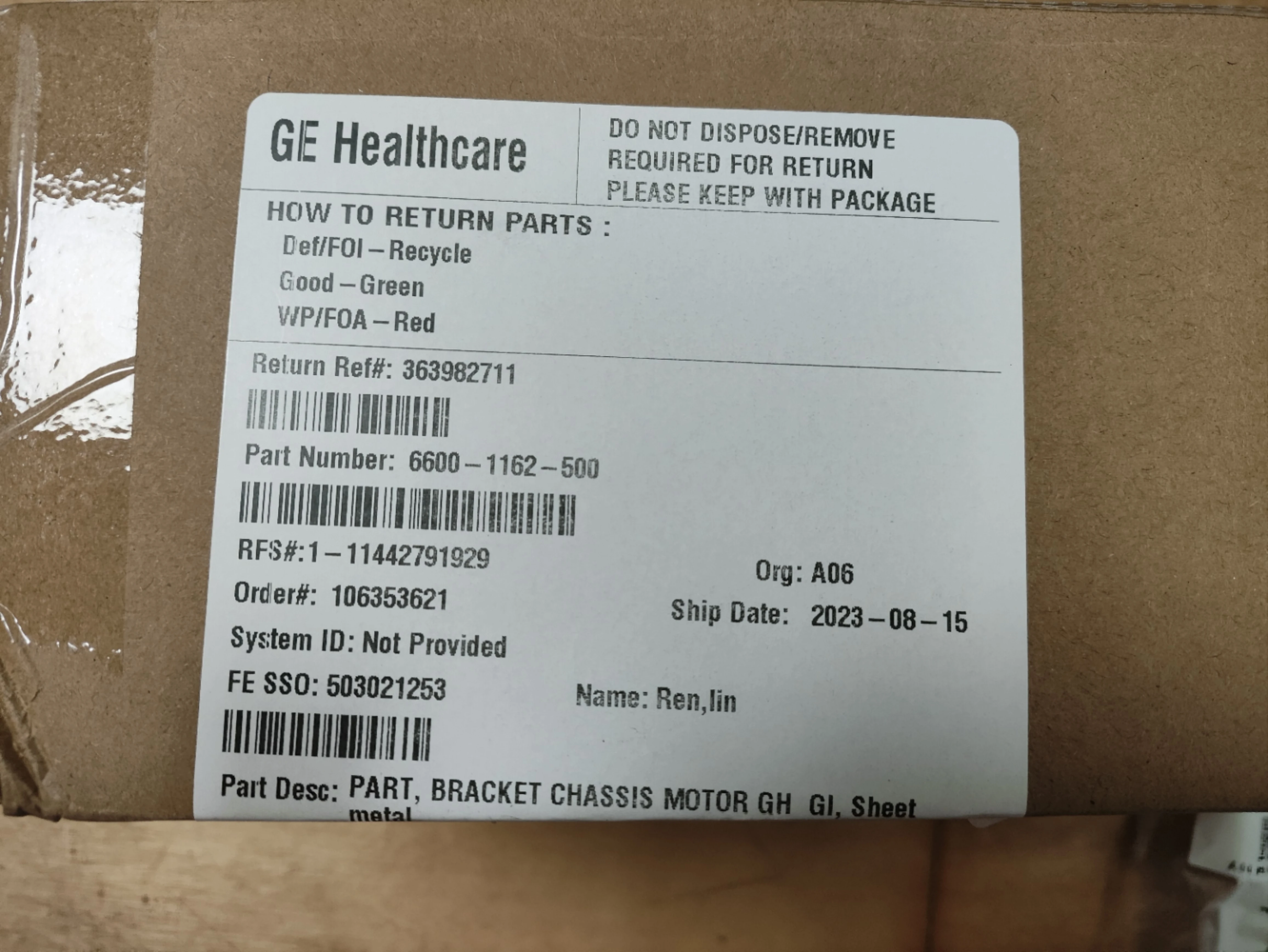

Chassis Motor Bracket PN: 6600-1162-500 for GE New, Original