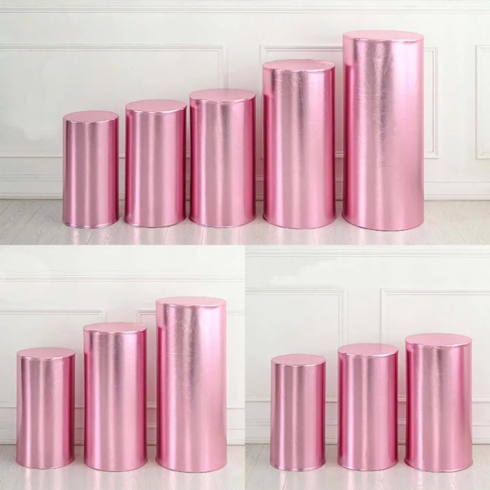 

Metallic Gold Silver Pink Red BLue White Shiny Fabric Stretch Cloth Elastic Pedestal Cylinder Table Covers Party Decoration