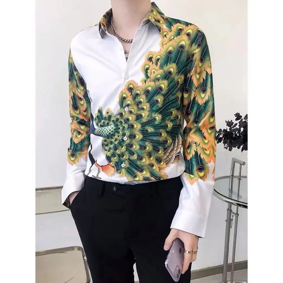 

High Quality Men’s Spring&Autumn Fashion Printing Long Sleeve Casual Shirts Slim-fit Handsome Peacock Decors Street shirt;