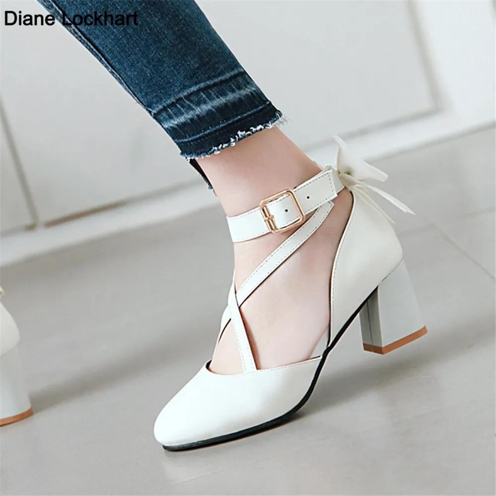 

Women Single Shoes 2022 New Fashion High Chunky Heels Bow Tie Mary Jane Shoes Wedding Cross-Tied Ankle Belt Bride Ladies Pumps