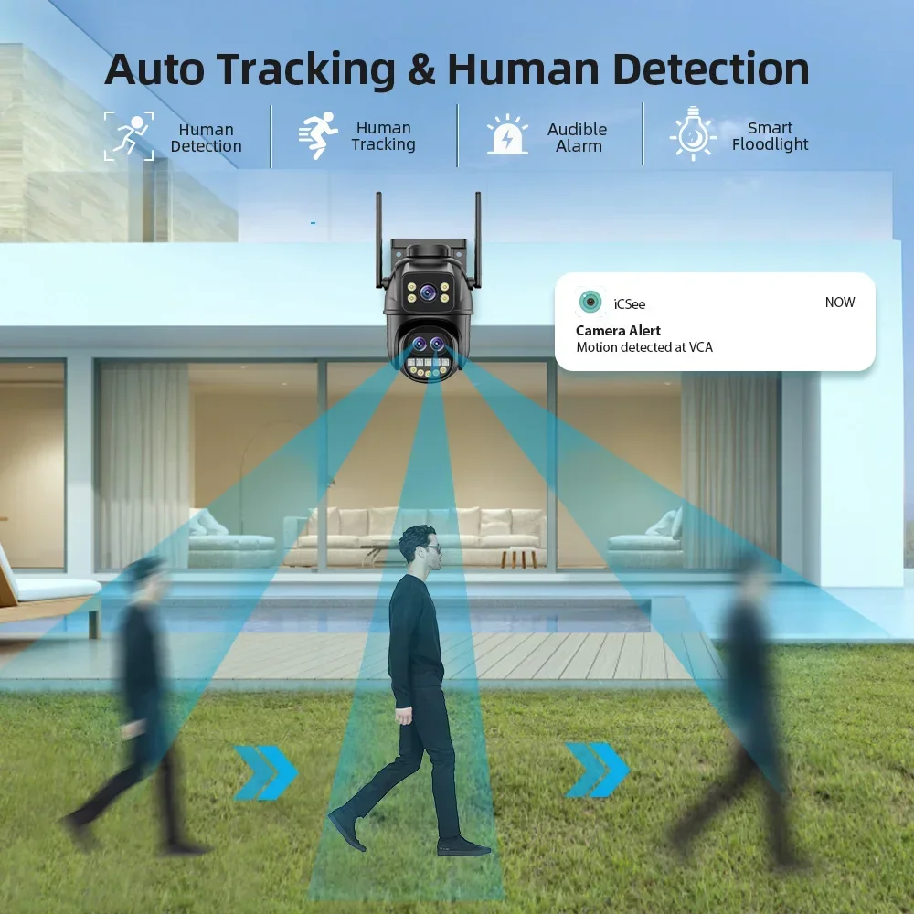 6K 12MP ICSEE Wifi Security Camera 3 Lens Dual Screen 8X Zoom Outdoor Waterproof Auto Tracking Human Detect Surveillance Camera 4