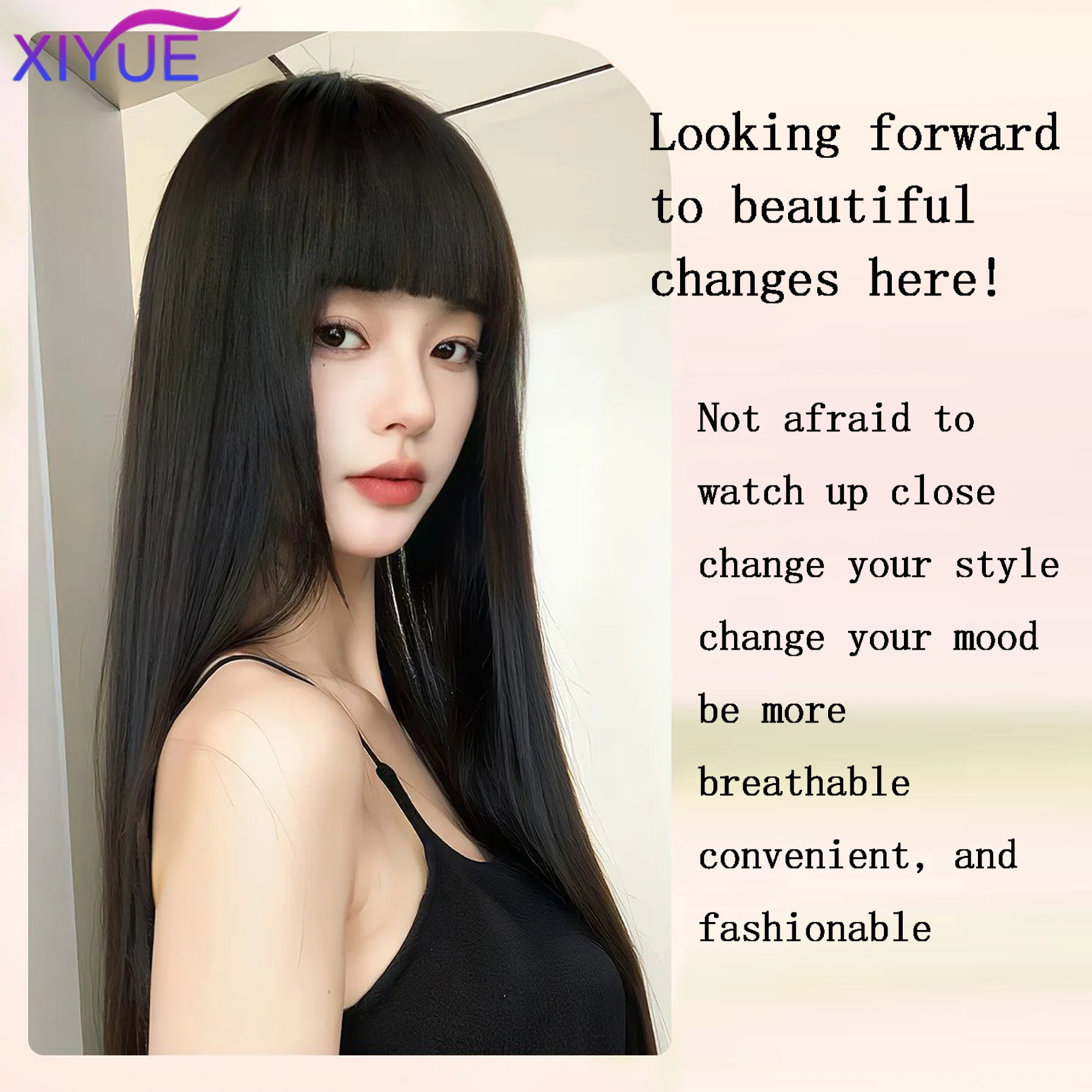 XIYUE Synthetic 60CM Korean Black Long Straight Hair Wig Synthetic Natural Long Straight Hair With Bangs Wig