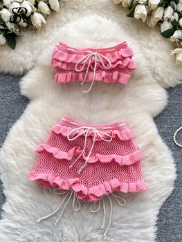 SINGREINY Summer Beach Style Knitting Suits Lace Up Strapless Backless Mini Top+Drawstring Hollow Out Shorts Female Sexy Sets