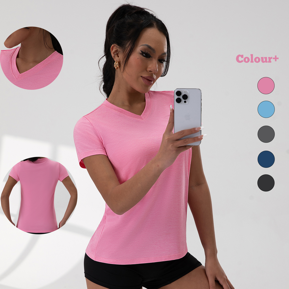 Women Running Sports T Shirt Summer Short Sleeve V-Neck Breathable Stretchy GYM Yoga Slim Fitness Active Top