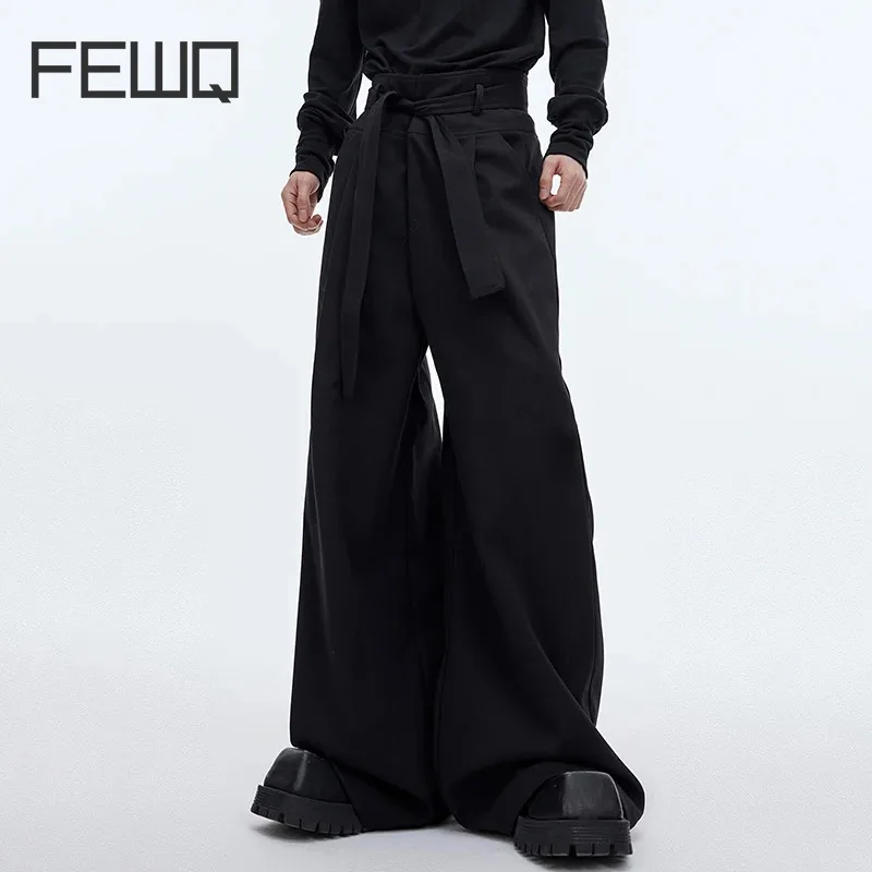 

FEWQ Male Causal Suit High Waist Lace-up Pants Niche Design Solid Color Men's Wide Leg Trousers Personality New Spring 9C4012