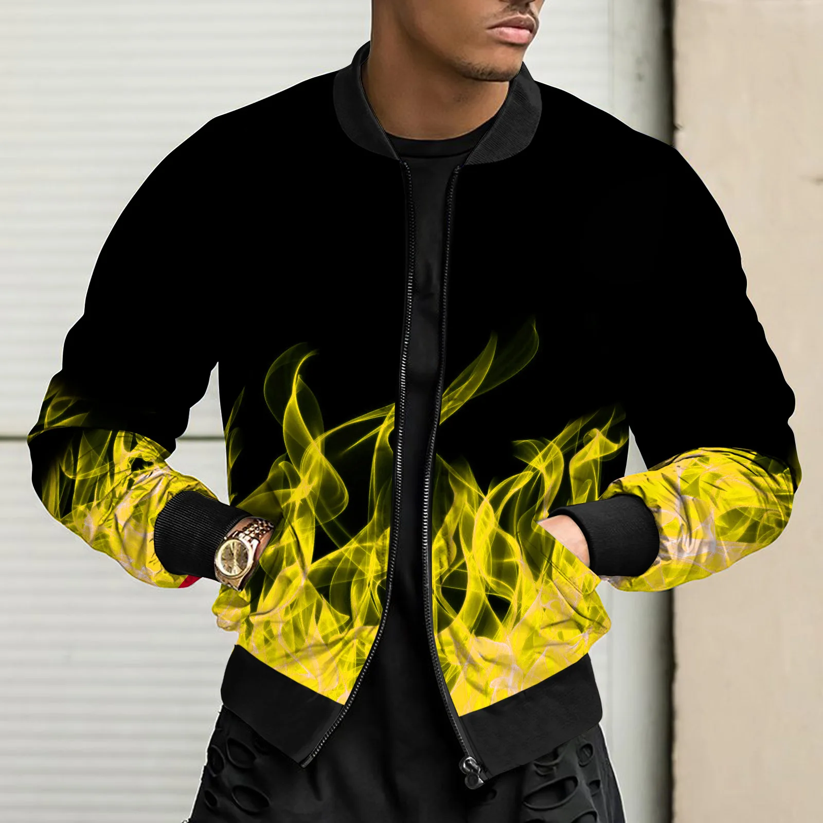 European and American hot selling men's autumn and winter jacket 3D digital printing flame pattern thin bomber jacket