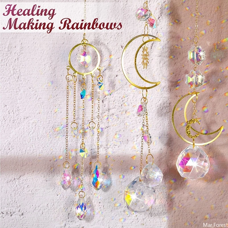 Crystal Suncatcher Sun Moon Light Catcher Pendants Wind Chimes Rainbow Maker Home Garden Decoration Window Car Charm Ornament Sun Catcher Crystal Pendant Sun Catchers Window Ornament