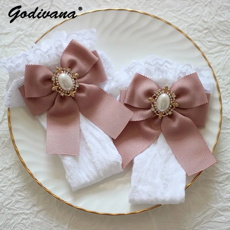 Handmade Pearl Lace Middle Tube Socks Japanese Lolita Style Bowknot Socks Cute Girl Women White Black Mid-Calf Length Socks