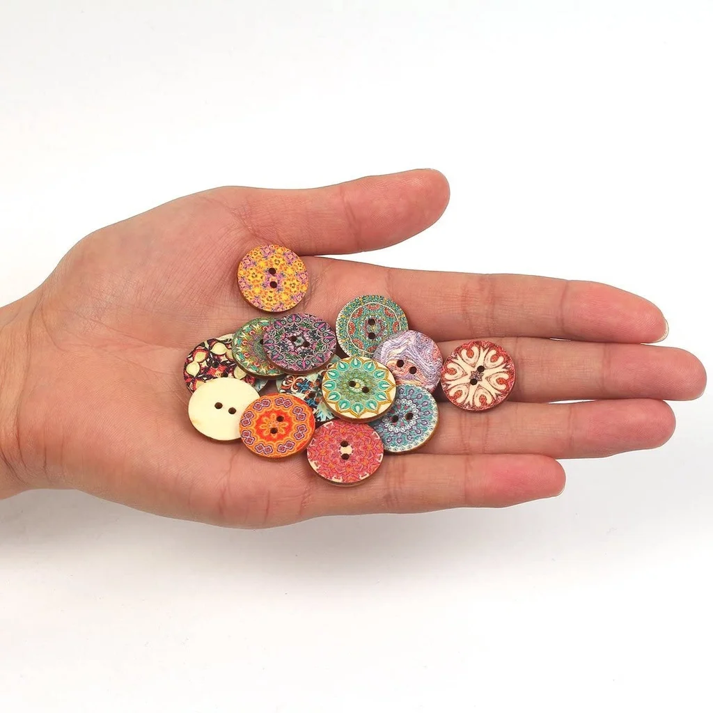 50/100 Round Assorted Floral Printed Wooden Decorative Buttons 2-Hole Floral Process Painted Wooden Cufflinks DIY Sewing Process 2