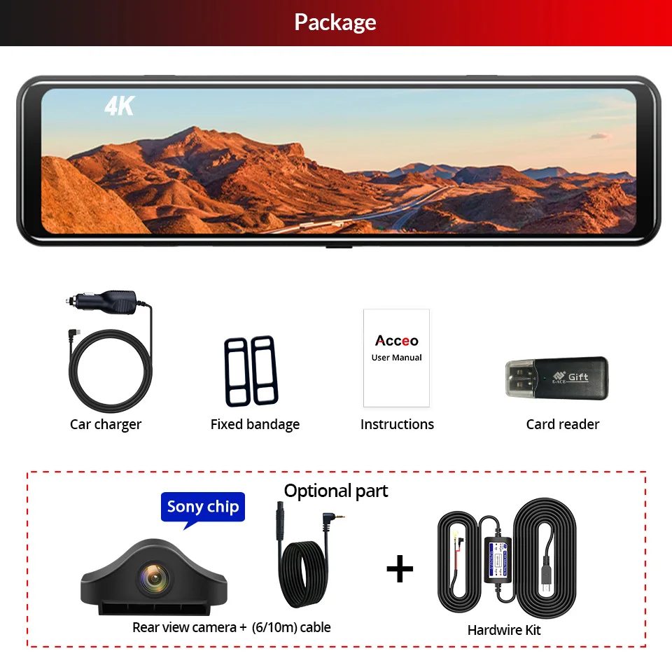 Acceo A45P 4K 자동차 DVR, 12 인치 터치 IPS, 소니 415 파크 백미러 지원, 백미러, 대시캠, 자동차 카메라 비디오 레코더